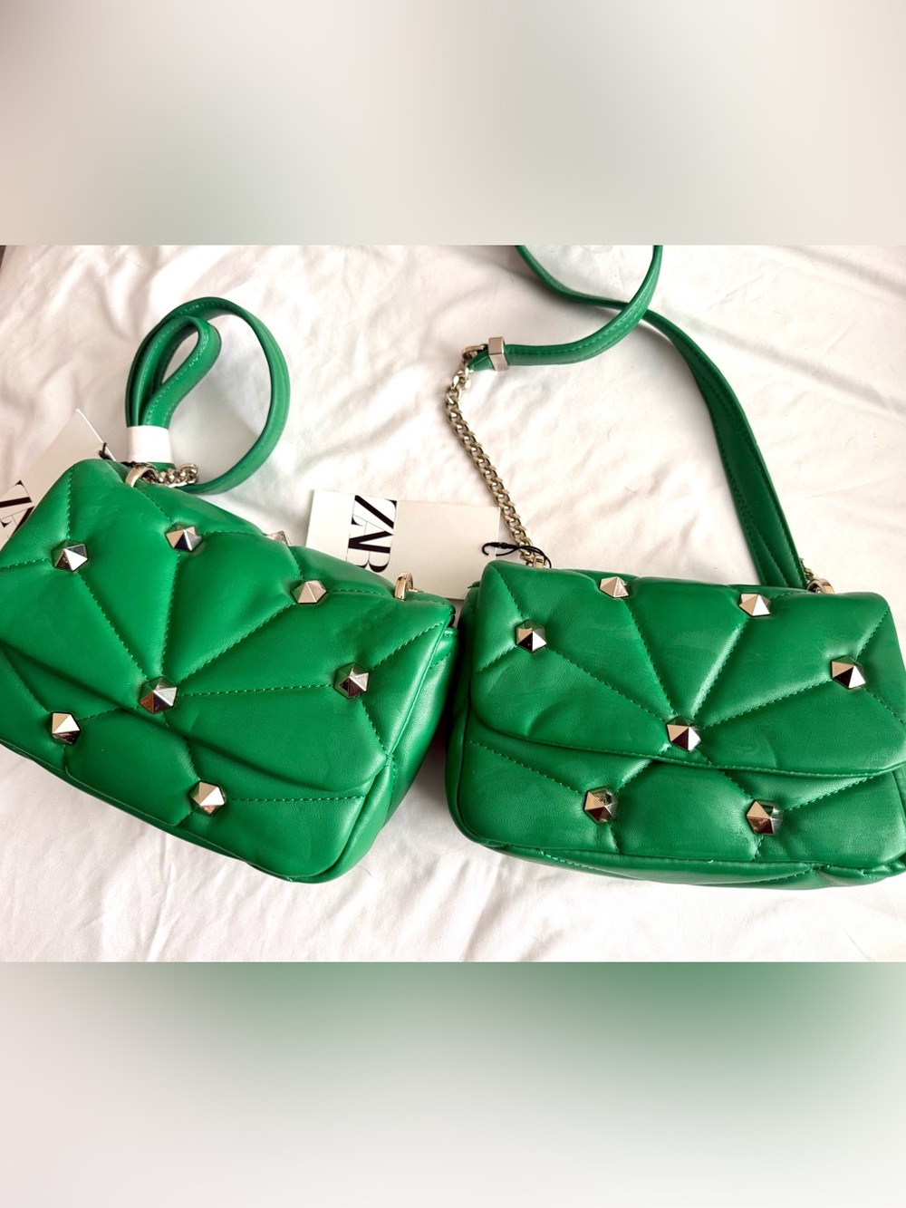 Zara Green Quilted Studded Crossbody Bag